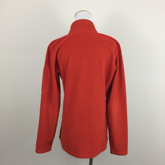 ORVIS Trout Bum Red/Orange'ish Zip Pocket Sleeve Purple Trim Fleece Jacket - Picture 8 of 8